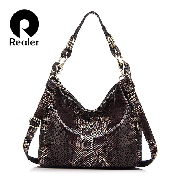REALER brand women handbag genuine leather tote bag female classic serpentine prints shoulder bags ladies handbags messenger bag